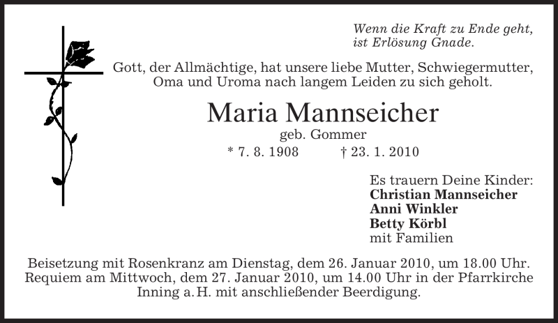  Traueranzeige für Maria Mannseicher vom 25.01.2010 aus MERKUR & TZ