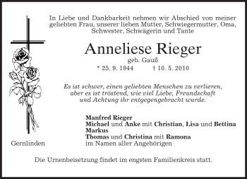 Traueranzeige von Anneliese Rieger von MERKUR & TZ