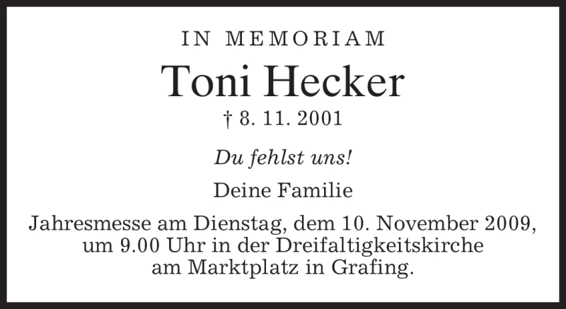  Traueranzeige für Toni Hecker vom 07.11.2009 aus MERKUR & TZ