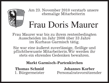 Traueranzeige von Doris Maurer von MERKUR & TZ