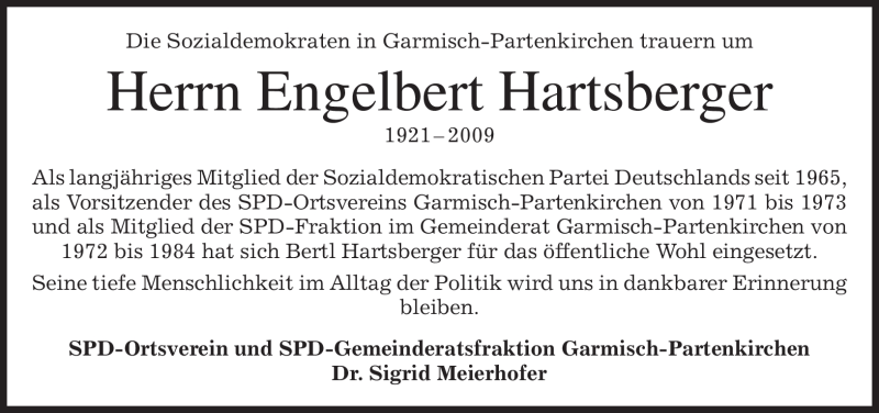  Traueranzeige für Engelbert Hartsberger vom 10.12.2009 aus MERKUR & TZ