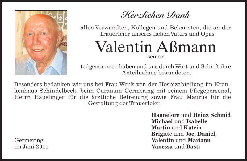  Traueranzeige für Valentin Aßmann vom 04.06.2011 aus MERKUR & TZ