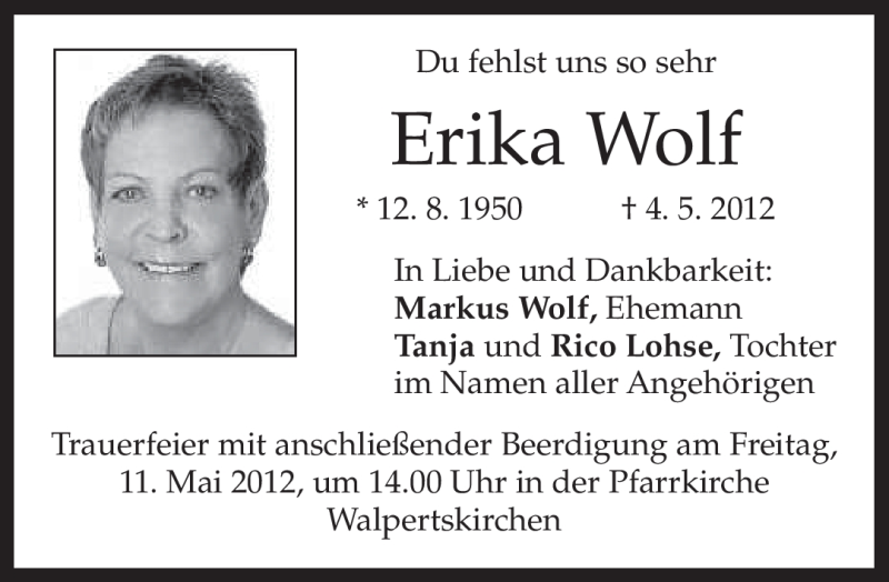  Traueranzeige für Erika Wolf vom 10.05.2012 aus MERKUR & TZ