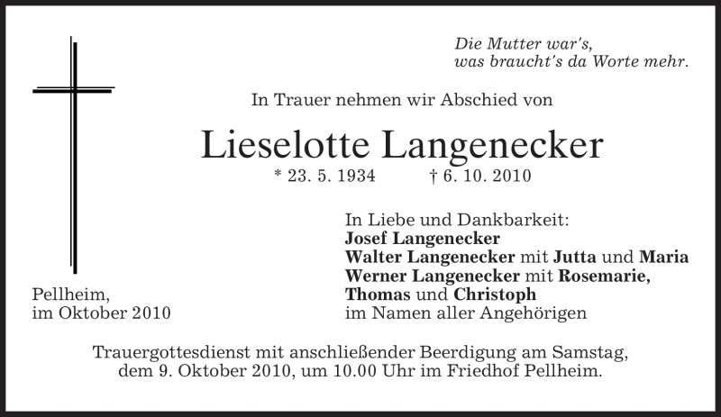  Traueranzeige für Lieselotte Langenecker vom 08.10.2010 aus MERKUR & TZ