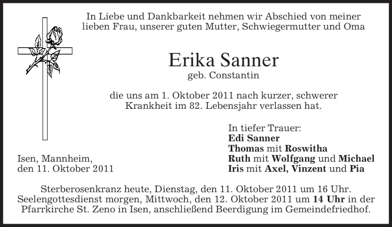  Traueranzeige für Erika Sanner vom 11.10.2011 aus MERKUR & TZ