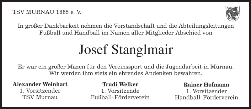  Traueranzeige für Josef Stanglmair vom 22.08.2009 aus MERKUR & TZ
