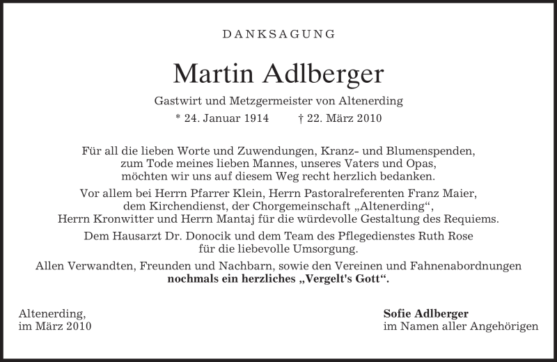  Traueranzeige für Martin Adlberger vom 10.04.2010 aus MERKUR & TZ