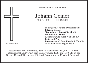 Traueranzeige von Johann Geiner von MERKUR & TZ
