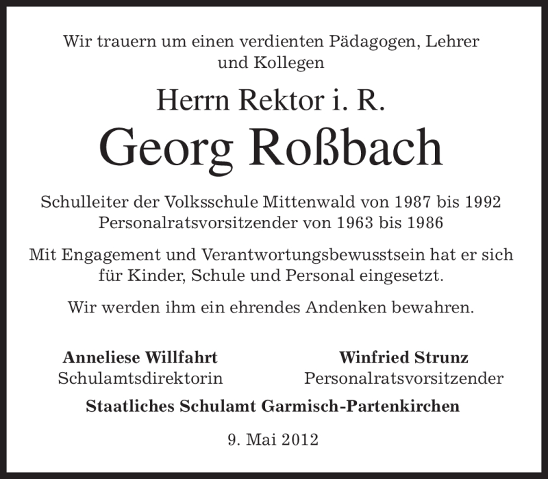  Traueranzeige für Georg Roßbach vom 09.05.2012 aus MERKUR & TZ