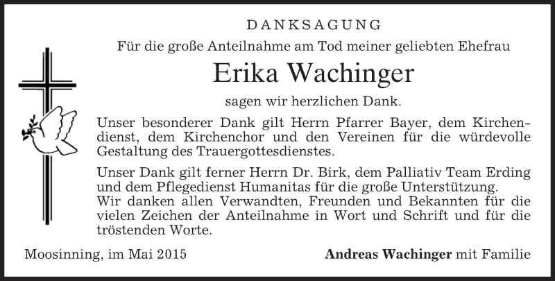  Traueranzeige für Erika Wachinger vom 16.05.2015 aus merkurtz