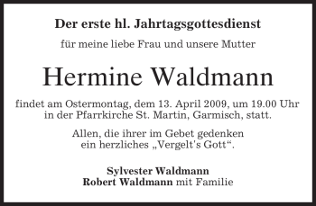 Traueranzeige von Hermine Waldmann von MERKUR & TZ
