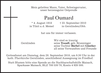 Traueranzeige von Paul Oumard von MERKUR & TZ