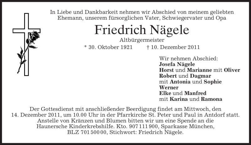  Traueranzeige für Friedrich Nägele vom 12.12.2011 aus MERKUR & TZ