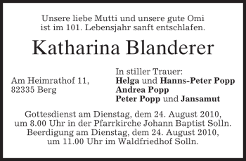 Traueranzeige von Katharina Blanderer von MERKUR & TZ