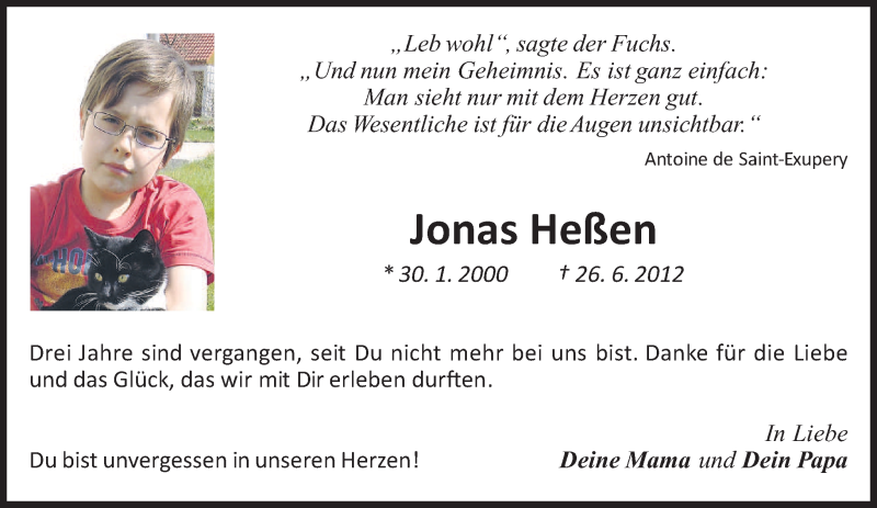  Traueranzeige für Jonas Heßen vom 27.06.2015 aus merkurtz