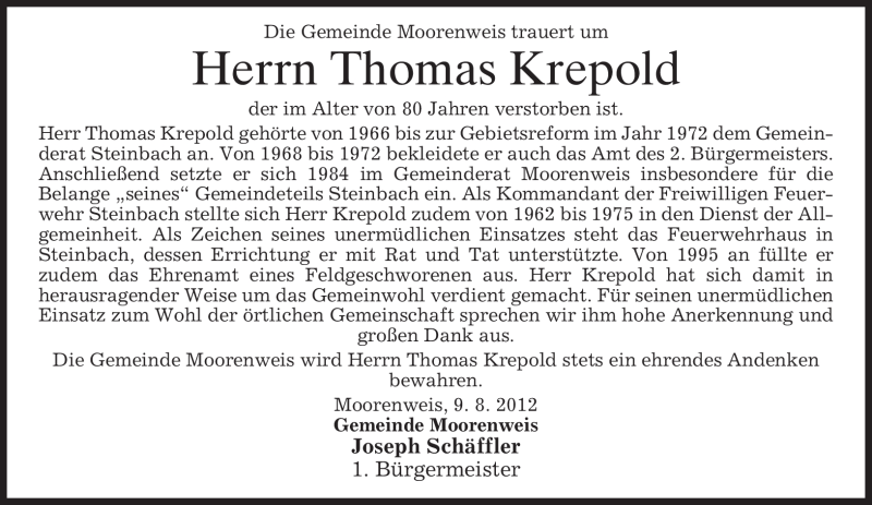  Traueranzeige für Thomas Krepold vom 11.08.2012 aus MERKUR & TZ