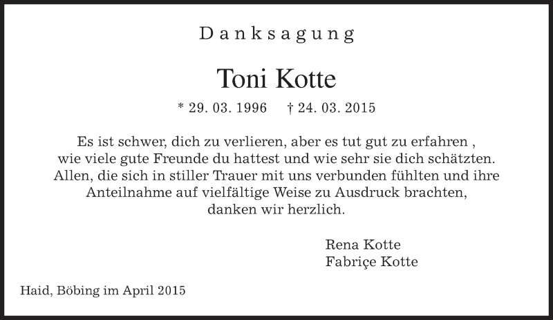  Traueranzeige für Toni Kotte vom 18.04.2015 aus merkurtz