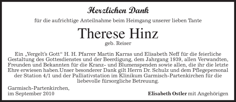  Traueranzeige für Therese Hinz vom 11.09.2010 aus MERKUR & TZ
