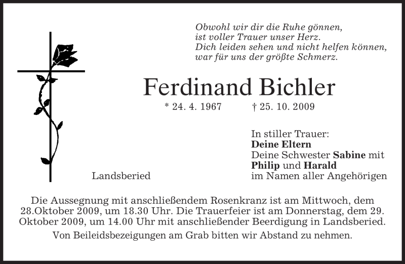  Traueranzeige für Ferdinand Bichler vom 27.10.2009 aus MERKUR & TZ