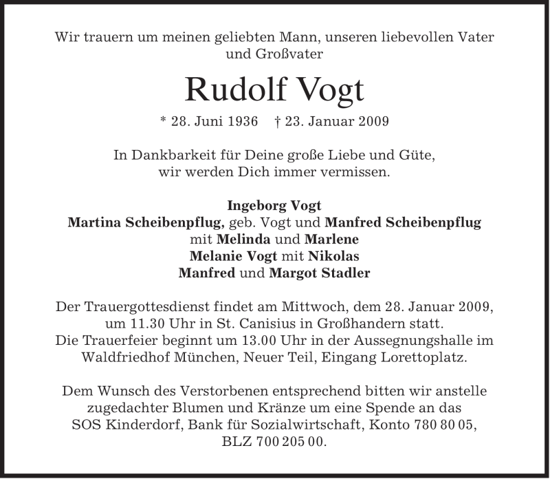  Traueranzeige für Rudolf Vogt vom 26.01.2009 aus MERKUR & TZ