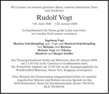 Traueranzeige von Rudolf Vogt von MERKUR & TZ