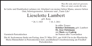 Traueranzeige von Lieselotte Lambert von MERKUR & TZ