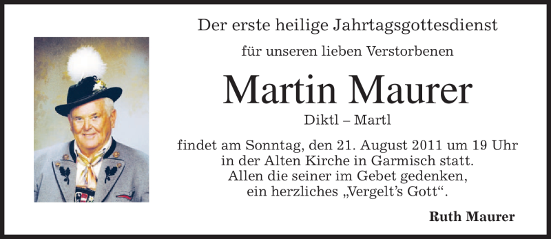  Traueranzeige für Martin Maurer vom 20.08.2011 aus MERKUR & TZ
