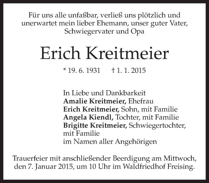  Traueranzeige für Erich Kreitmeier vom 03.01.2015 aus merkurtz