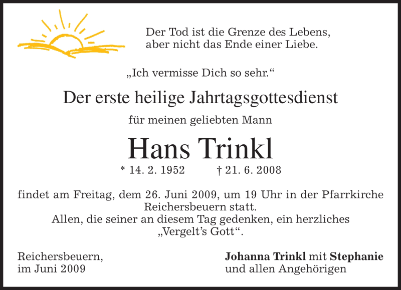  Traueranzeige für Hans Trinkl vom 20.06.2009 aus MERKUR & TZ