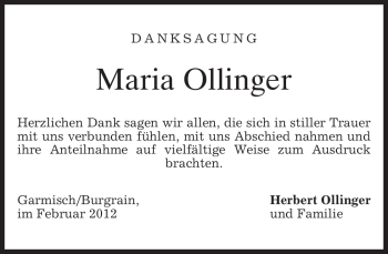 Traueranzeige von Maria Ollinger von MERKUR & TZ