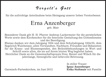 Traueranzeige von Erna Anzenberger von MERKUR & TZ