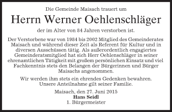 Traueranzeige von Werner Oehlenschläger von merkurtz