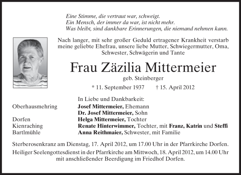  Traueranzeige für Zäzilia Mittermeier vom 16.04.2012 aus MERKUR & TZ