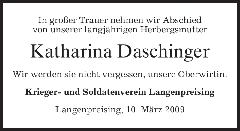  Traueranzeige für Katharina Daschinger vom 11.03.2009 aus MERKUR & TZ