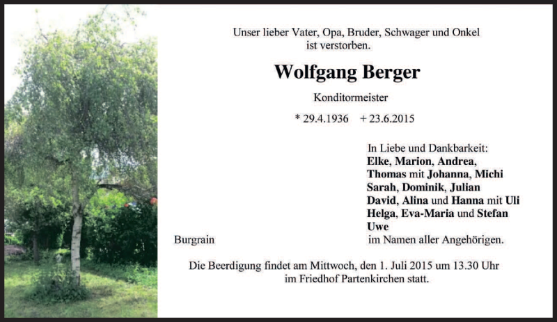  Traueranzeige für Wolfgang Berger vom 27.06.2015 aus merkurtz
