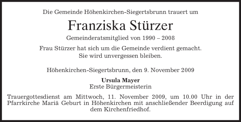  Traueranzeige für Franziska Stürzer vom 10.11.2009 aus MERKUR & TZ