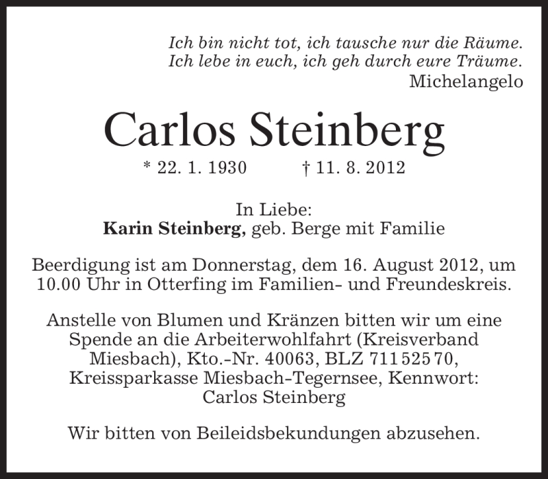  Traueranzeige für Carlos Steinberg vom 14.08.2012 aus MERKUR & TZ