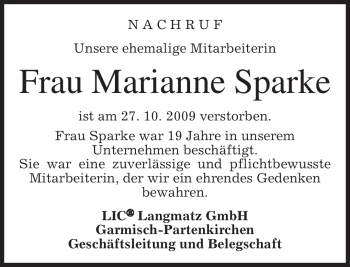 Traueranzeige von Marianne Sparke von MERKUR & TZ