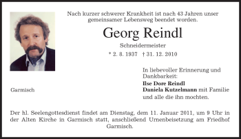 Traueranzeige von Georg Reindl von MERKUR & TZ