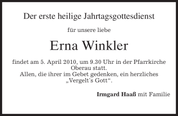 Traueranzeige von Erna Winkler von MERKUR & TZ