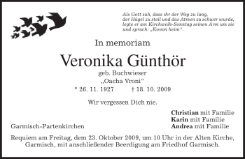 Traueranzeige von Veronika Günthör von MERKUR & TZ