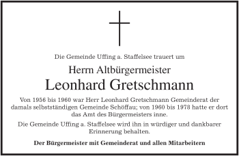 Traueranzeige von Leonhard Gretschmann von MERKUR & TZ