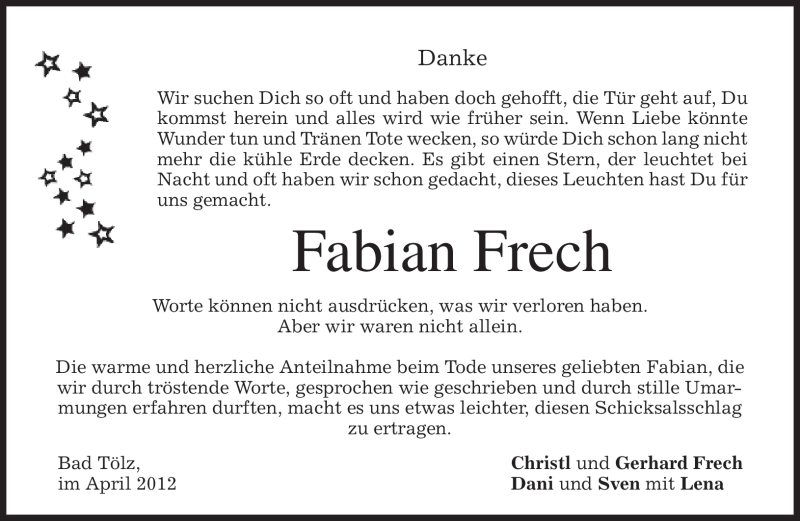  Traueranzeige für Fabian Frech vom 21.04.2012 aus MERKUR & TZ