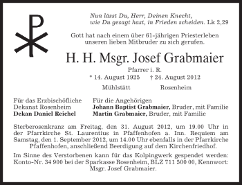 Traueranzeige von Josef Grabmaier von MERKUR & TZ