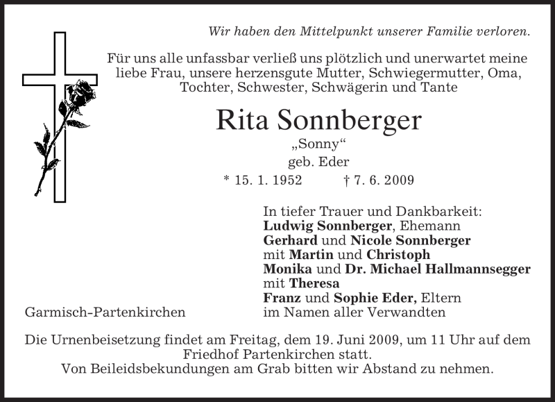  Traueranzeige für Rita Sonnberger vom 16.06.2009 aus MERKUR & TZ
