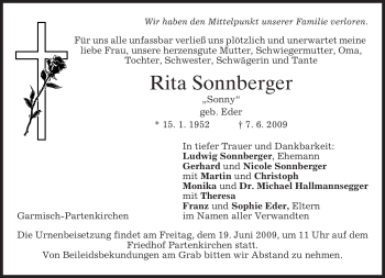 Traueranzeige von Rita Sonnberger von MERKUR & TZ