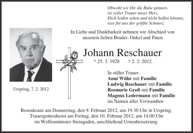  Traueranzeige für Johann Reschauer vom 07.02.2012 aus MERKUR & TZ