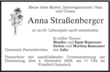 Traueranzeige von Anna Straßenberger von MERKUR & TZ