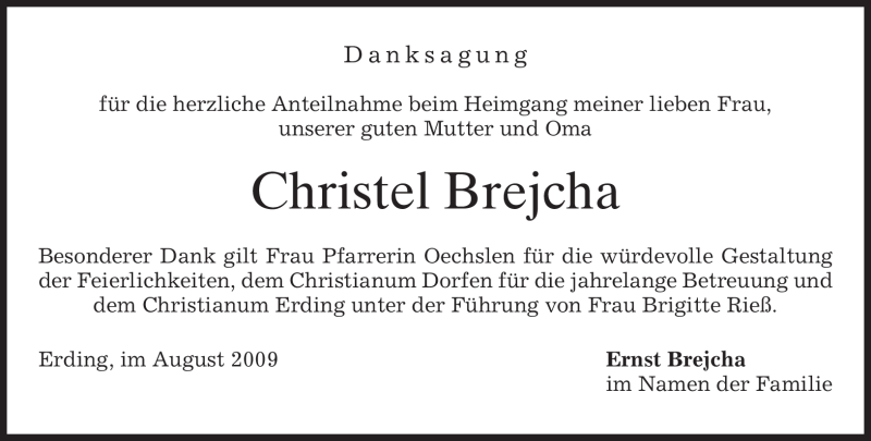  Traueranzeige für Christel Brejcha vom 08.08.2009 aus MERKUR & TZ