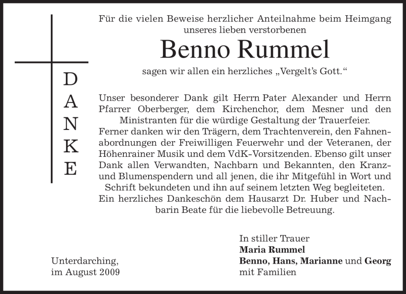  Traueranzeige für Benno Rummel vom 14.08.2009 aus MERKUR & TZ